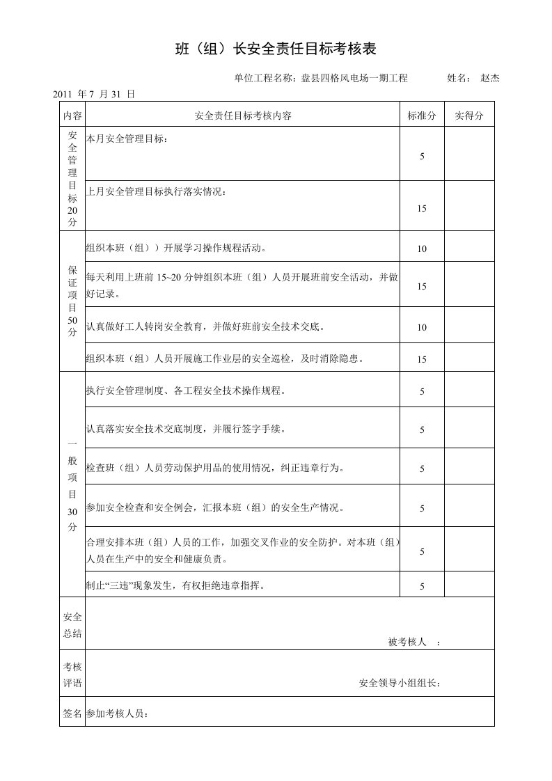 建筑资料-四格班组长安全责任目标考核表