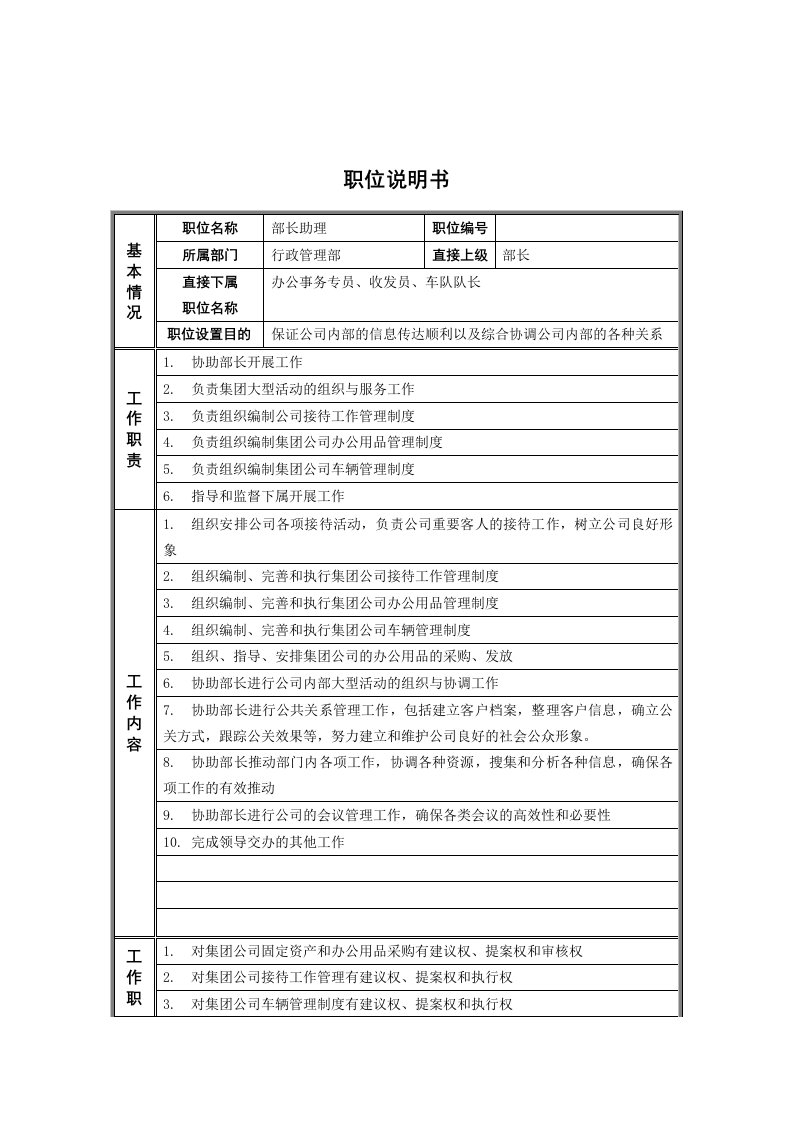 办公文秘-行政管理部部长助理岗位说明书