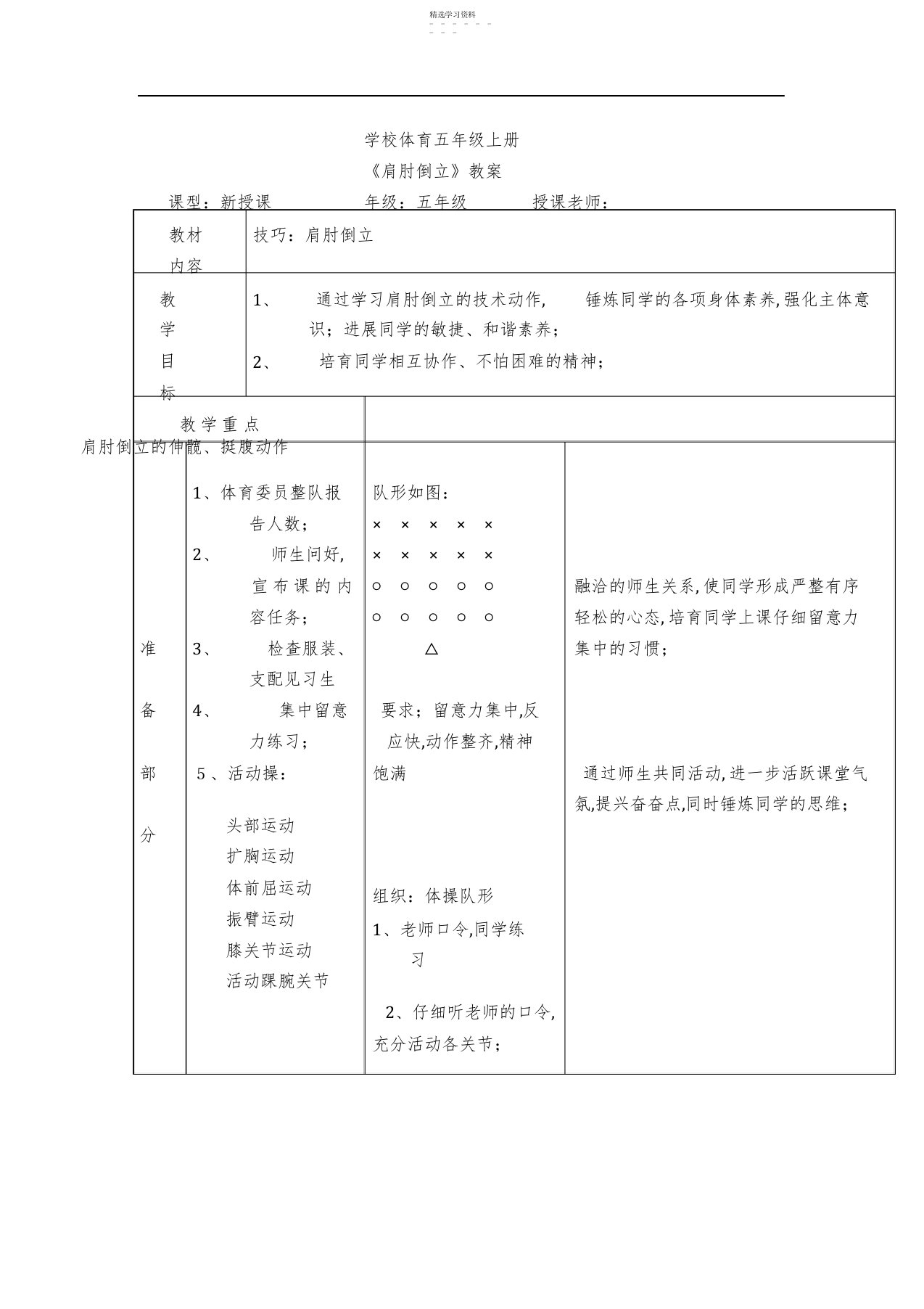 2022年小学体育五年级上册《肩肘倒立》教案说课稿反思