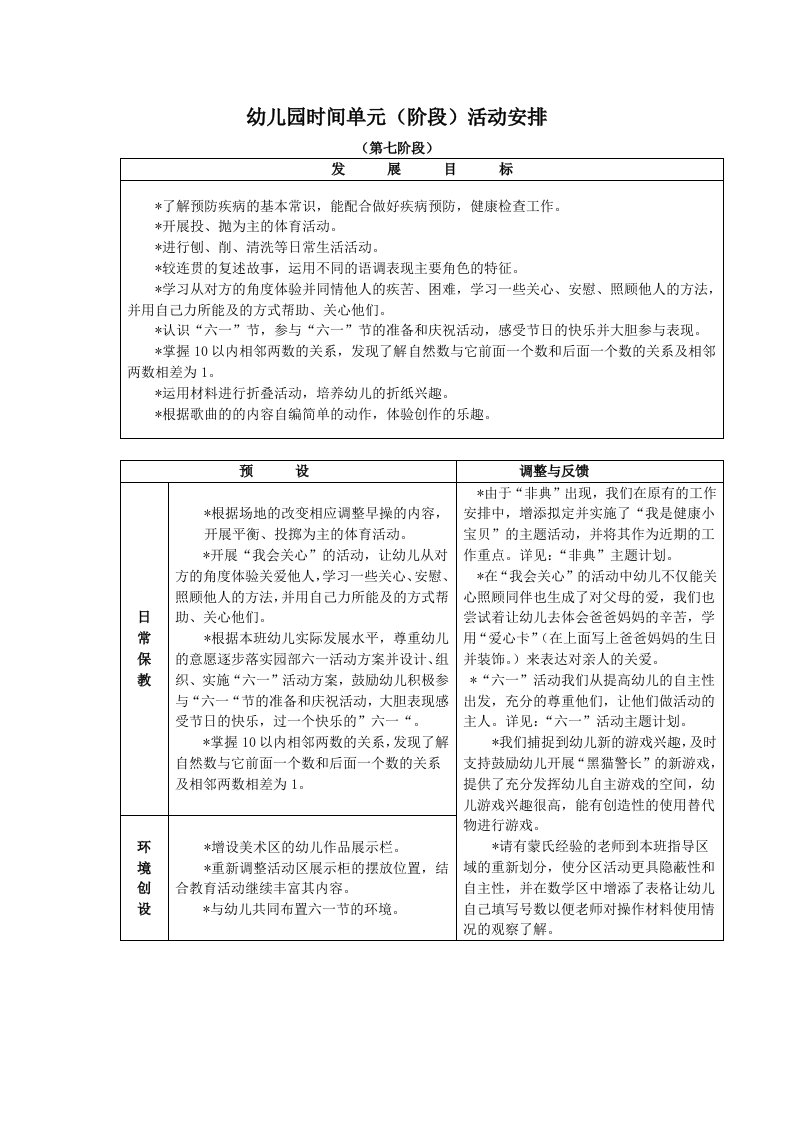 幼儿园时间单元(阶段)活动安排