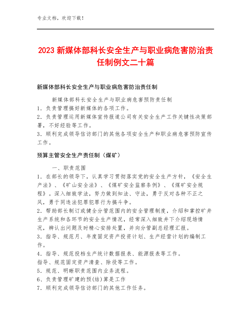 2023新媒体部科长安全生产与职业病危害防治责任制例文二十篇