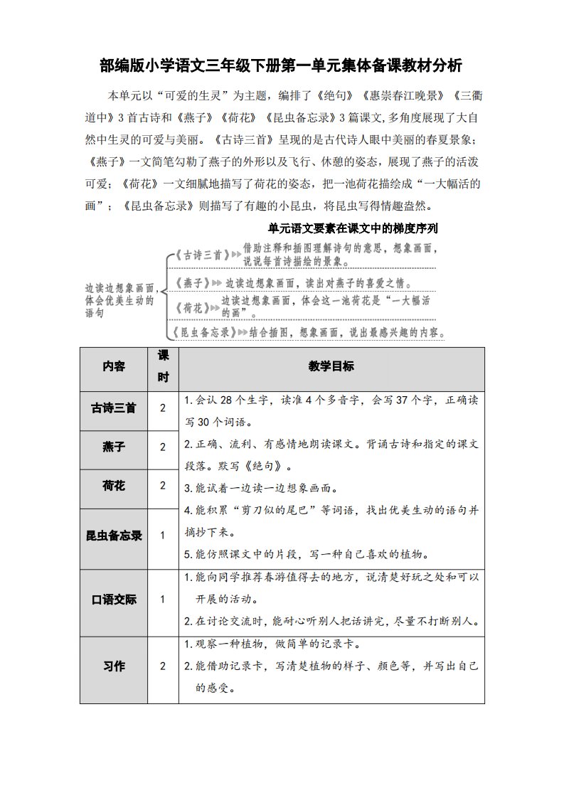 部编版小学语文三年级下册单元集体备课教材分析(全册)