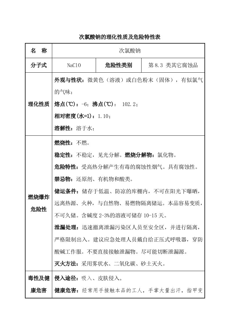 次氯酸钠的理化性质及危险特性表