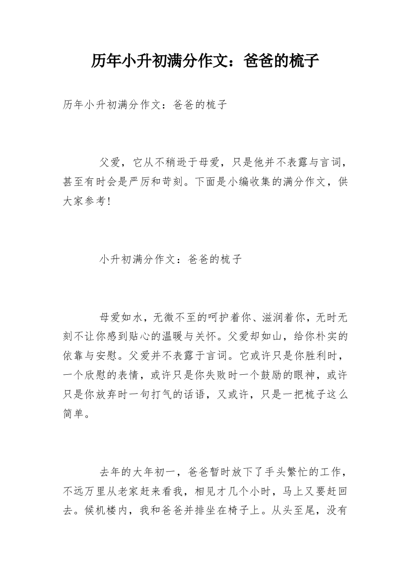 历年小升初满分作文：爸爸的梳子