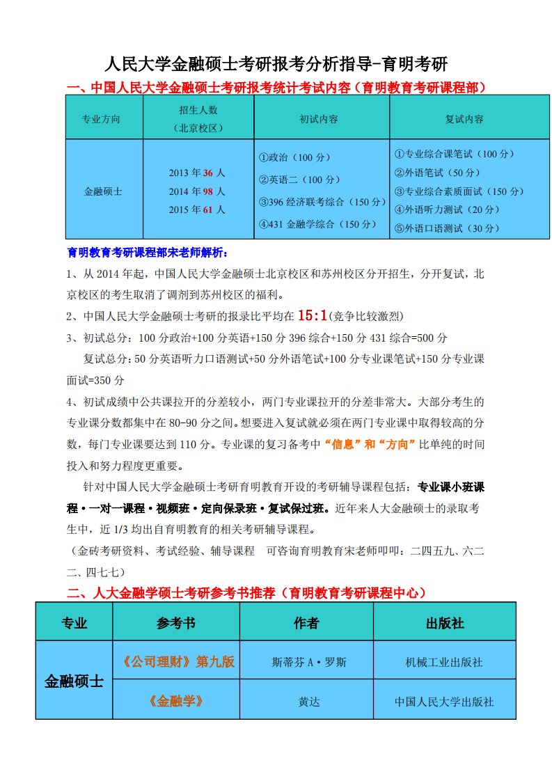 中国人民大学金融硕士考研高分导师信息复习规划指导