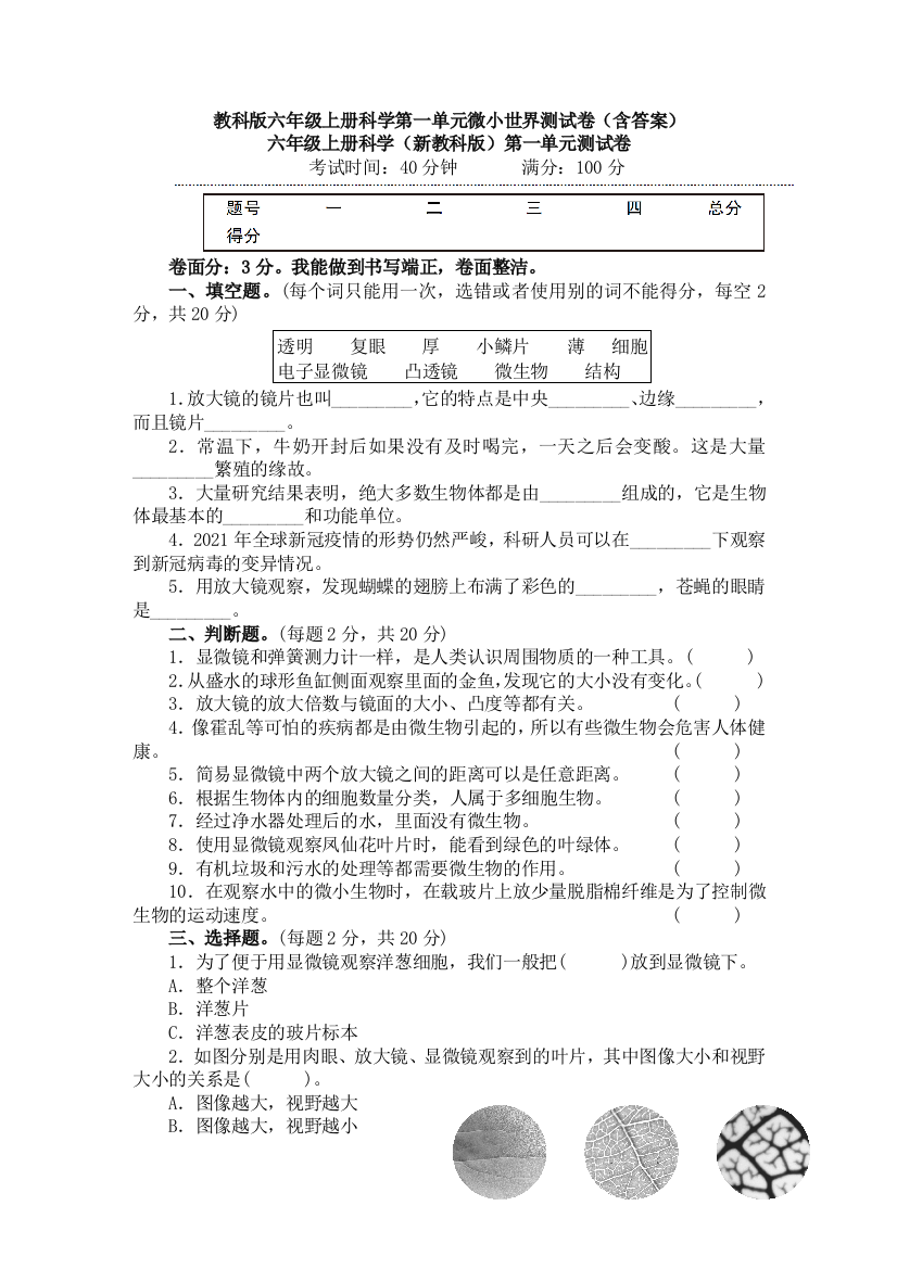 教科版六年级上册科学第一单元微小世界测试卷(含答案)