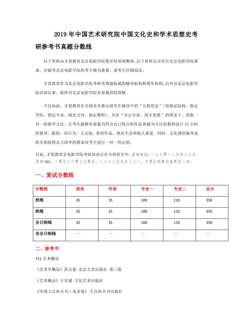 2019年中国艺术研究院中国文化史和学术思想史考研参考书真题分数线