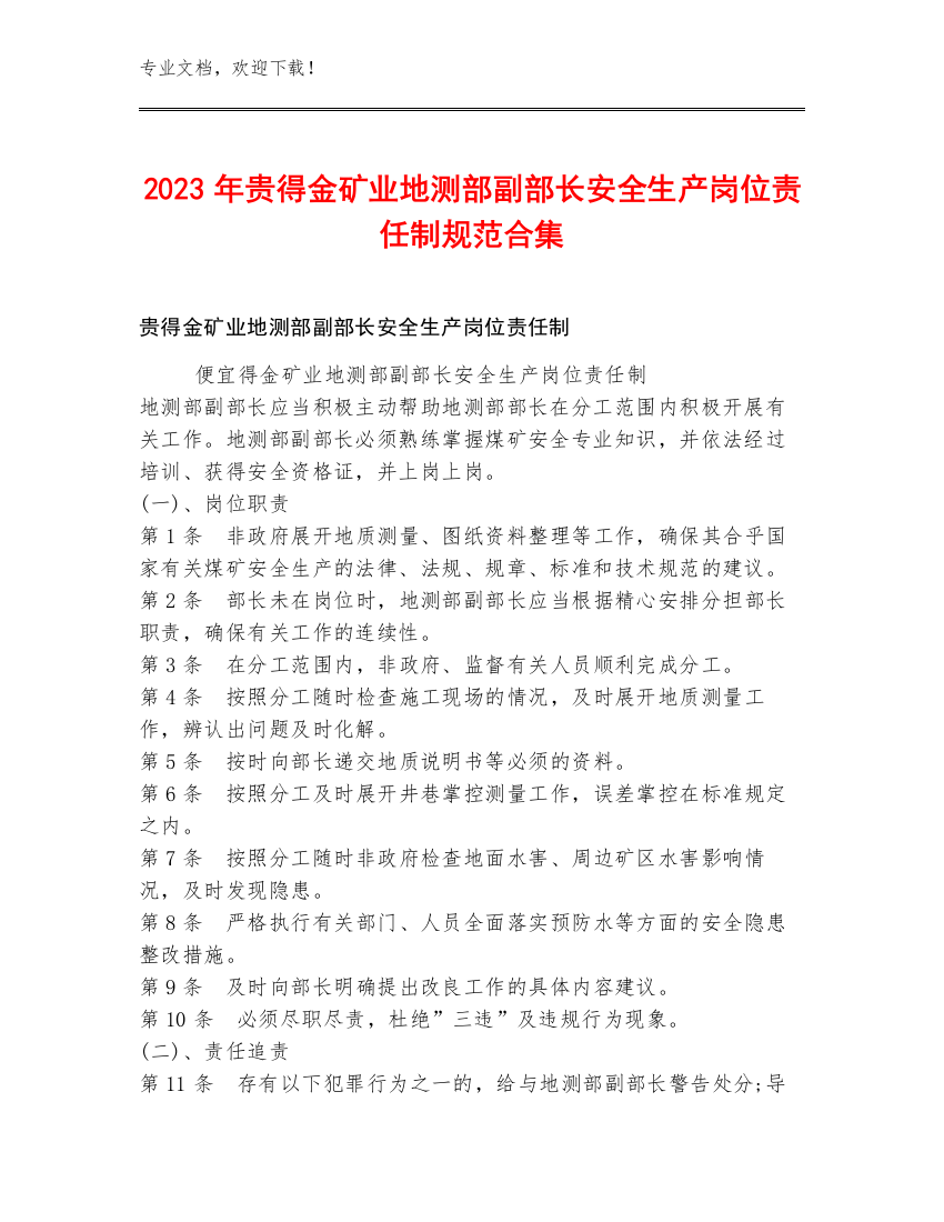 2023年贵得金矿业地测部副部长安全生产岗位责任制规范合集