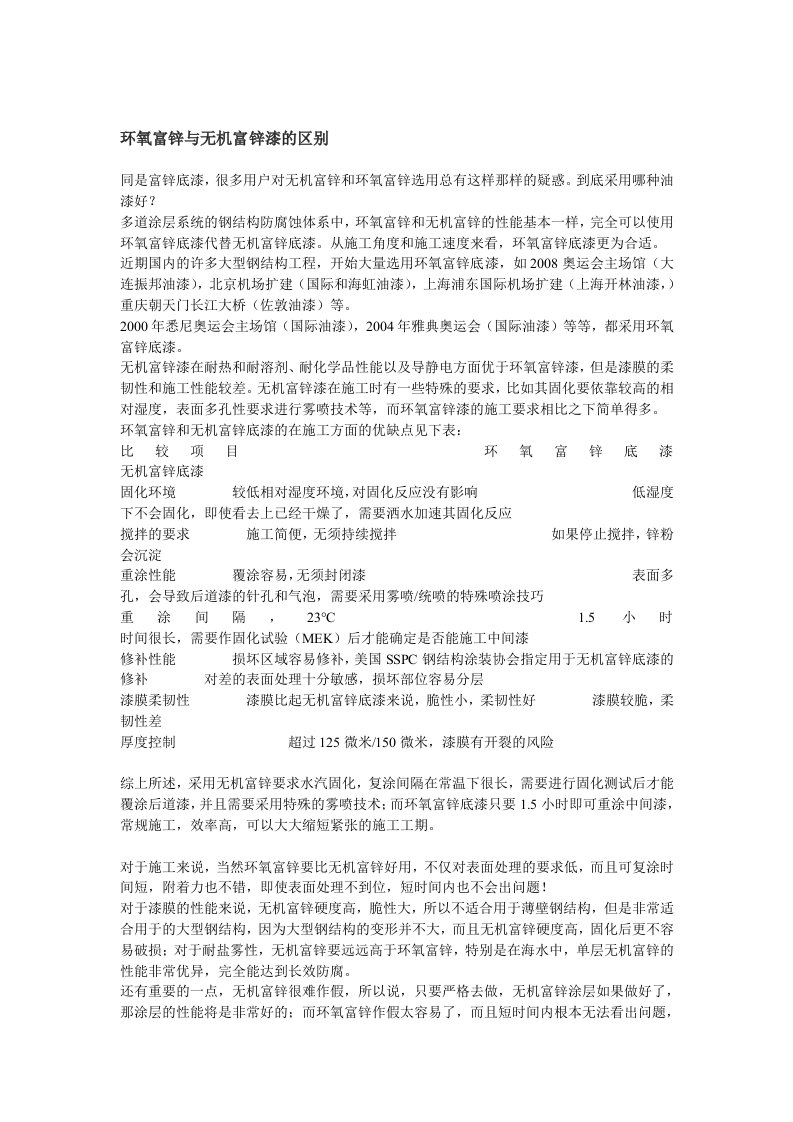 环氧富锌与无机富锌漆的区别