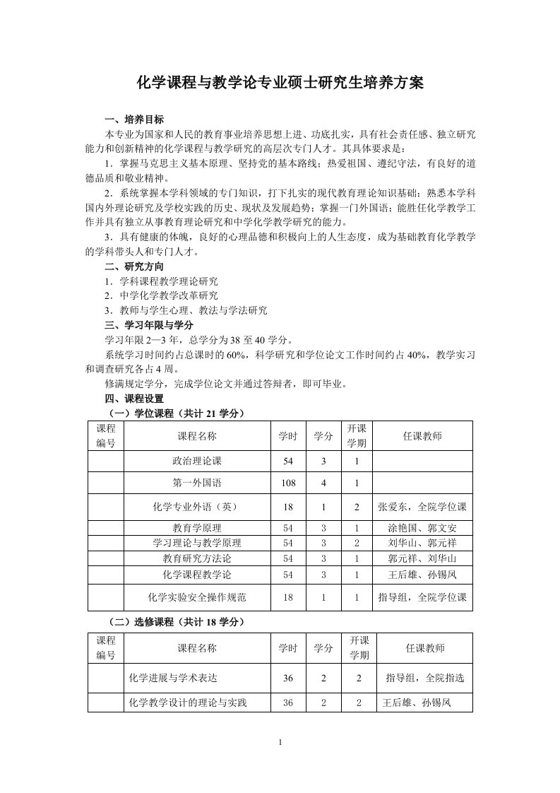 化学培训课程与教学论专业硕士研究报告生培养技术方案