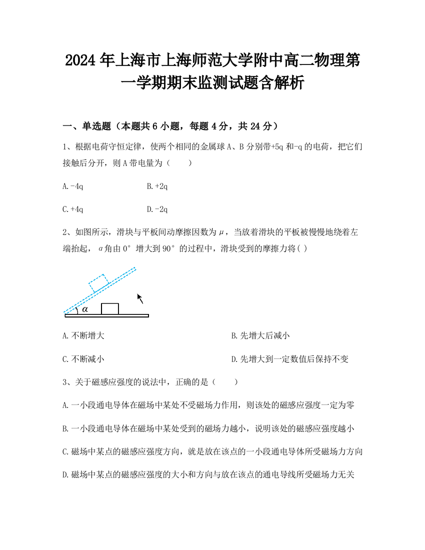 2024年上海市上海师范大学附中高二物理第一学期期末监测试题含解析