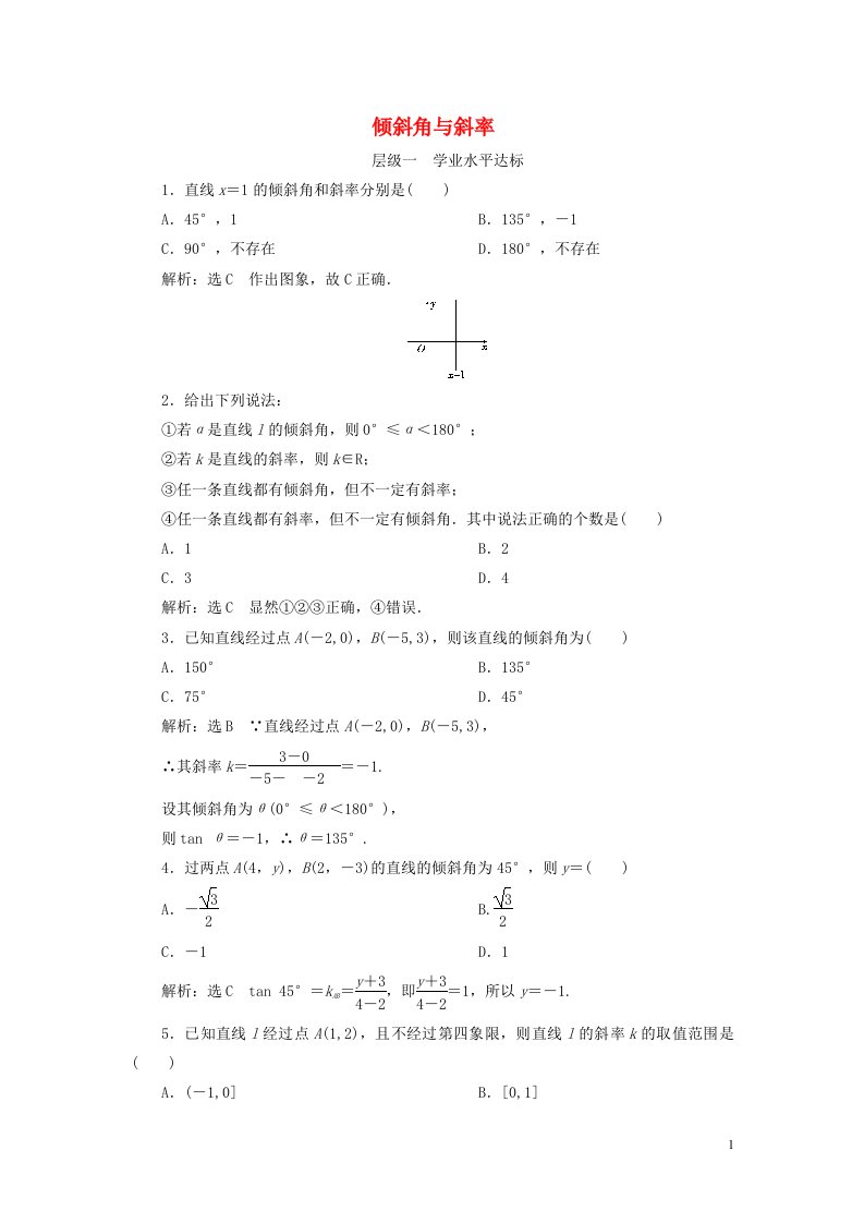 2020_2021学年新教材高考数学倾斜角与斜率1练习含解析选择性必修第一册