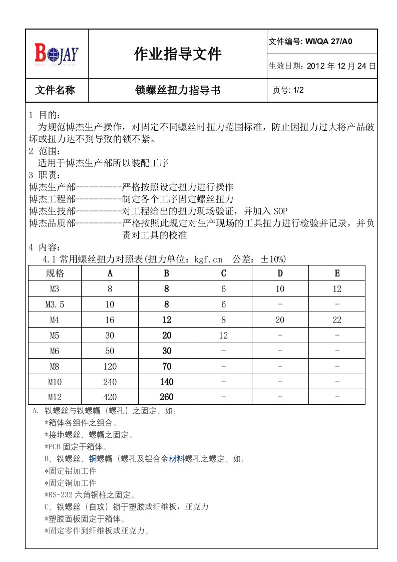 螺丝扭力标准