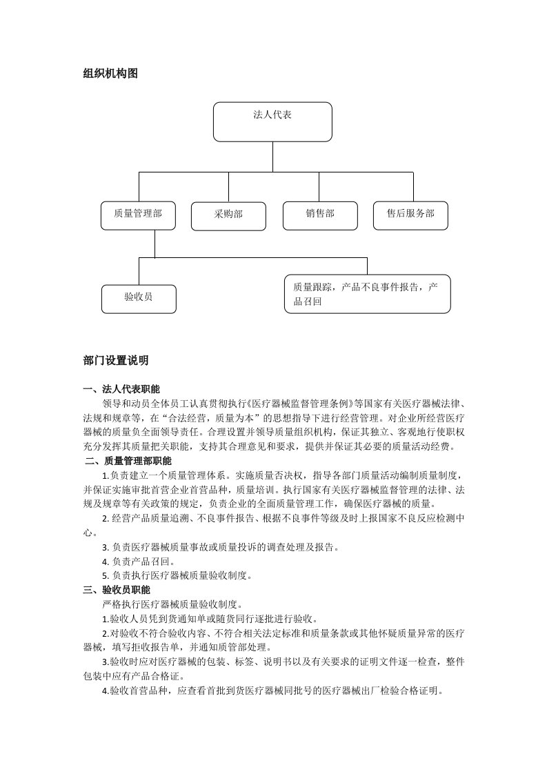 医疗器械组织机构与部门设置说明