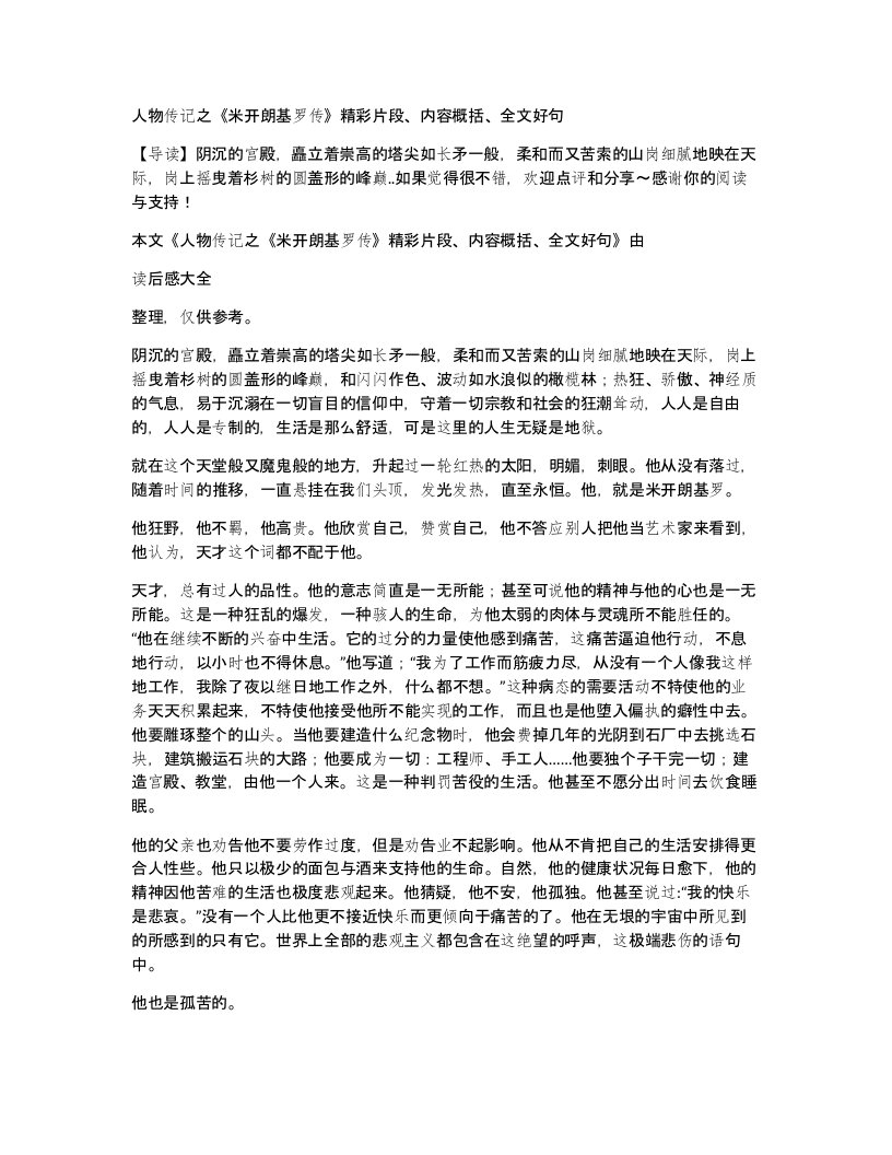 人物传记之米开朗基罗传精彩片段内容概括全文好句