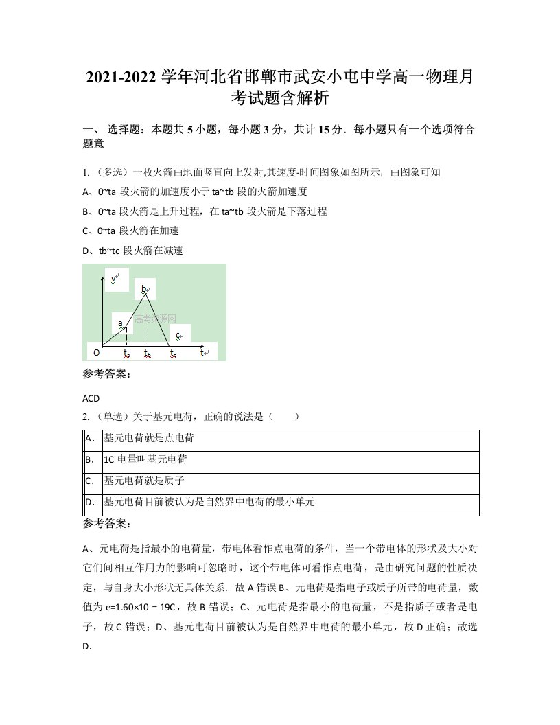 2021-2022学年河北省邯郸市武安小屯中学高一物理月考试题含解析