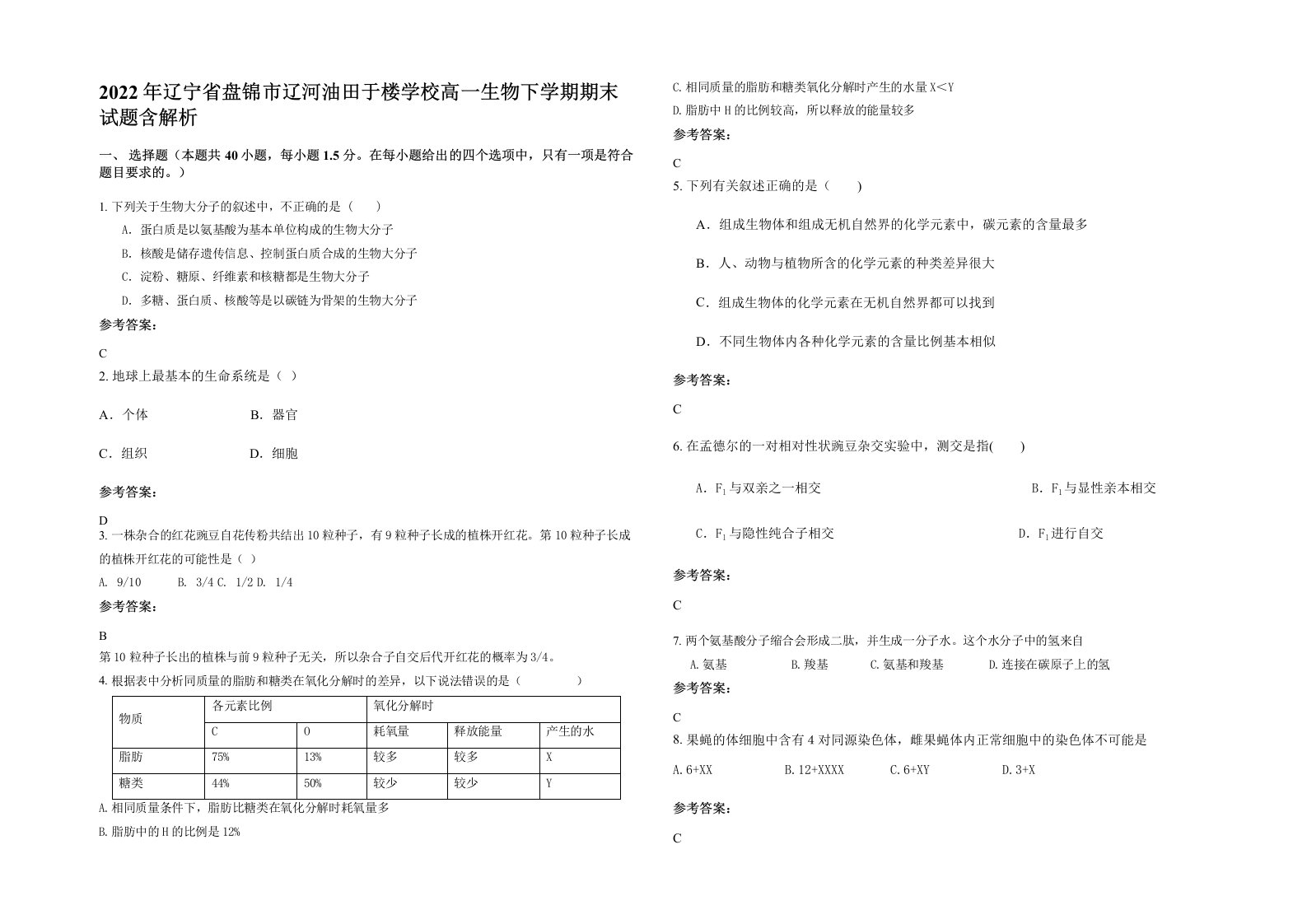 2022年辽宁省盘锦市辽河油田于楼学校高一生物下学期期末试题含解析