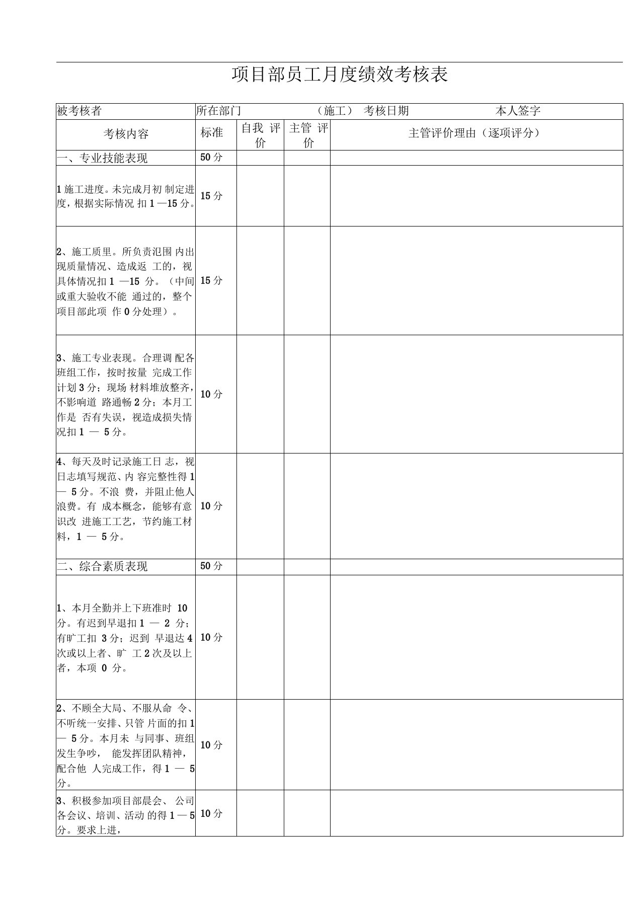 施工员考核表