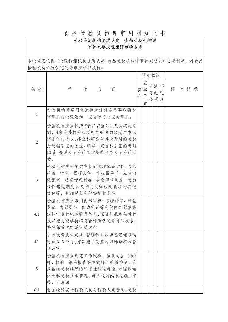 检验检测机构资质认定食品检验机构评审补充要求现场评审检查表