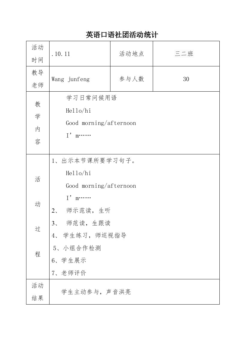 小学英语社团活动记录样稿