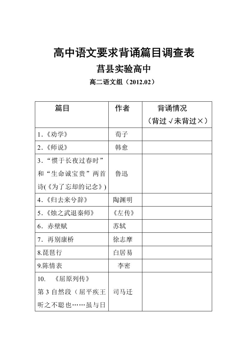 高中语文要求背诵篇目调查表