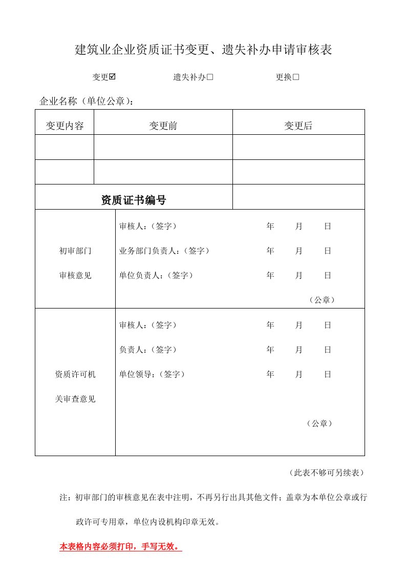 建筑业企业资质证书变更、遗失补办申请审核表