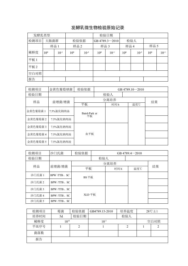 发酵乳微生物检验原始记录