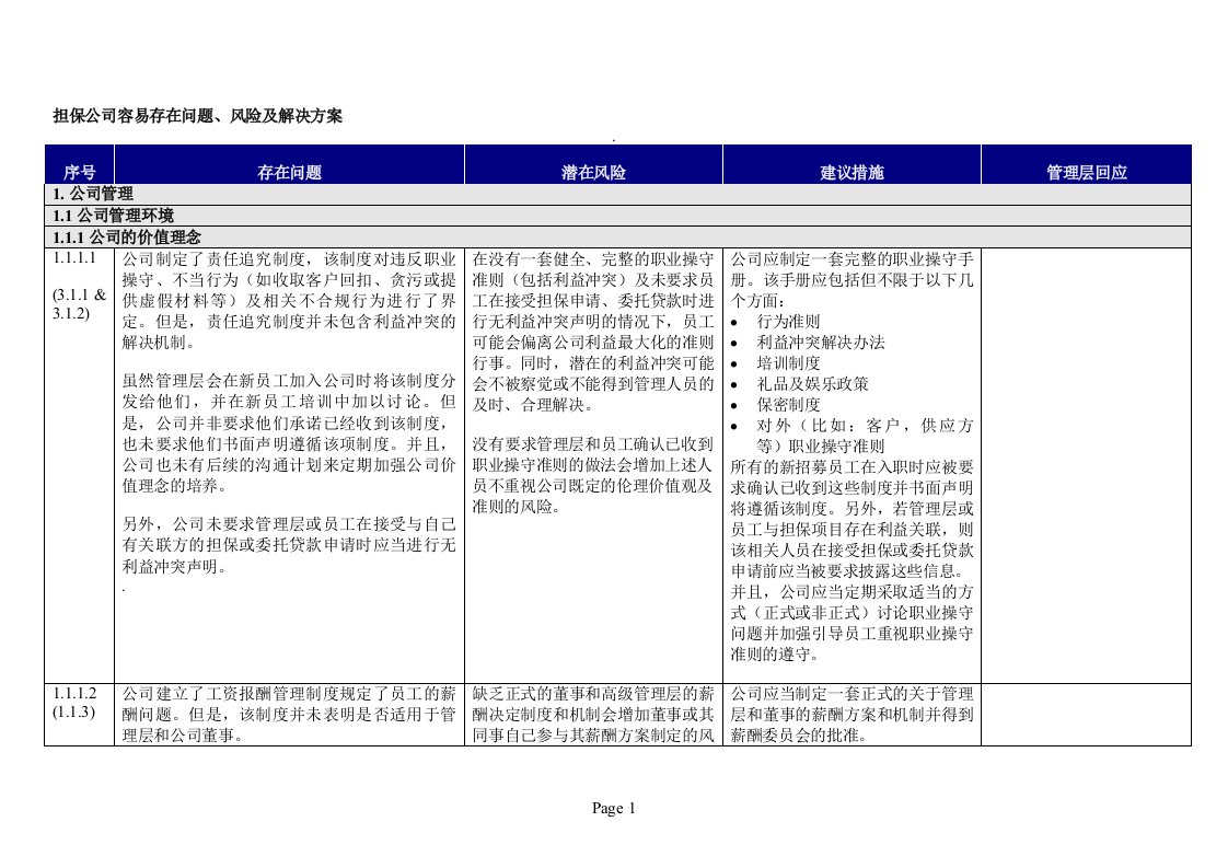 担保公司易出现的问题、风险、建议解决方案