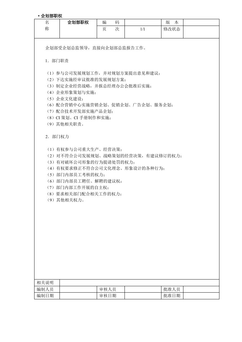 企划方案-企划部岗位职责