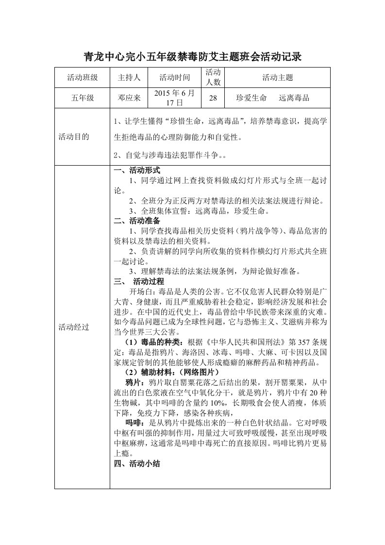 禁毒防艾主题班会活动记录表