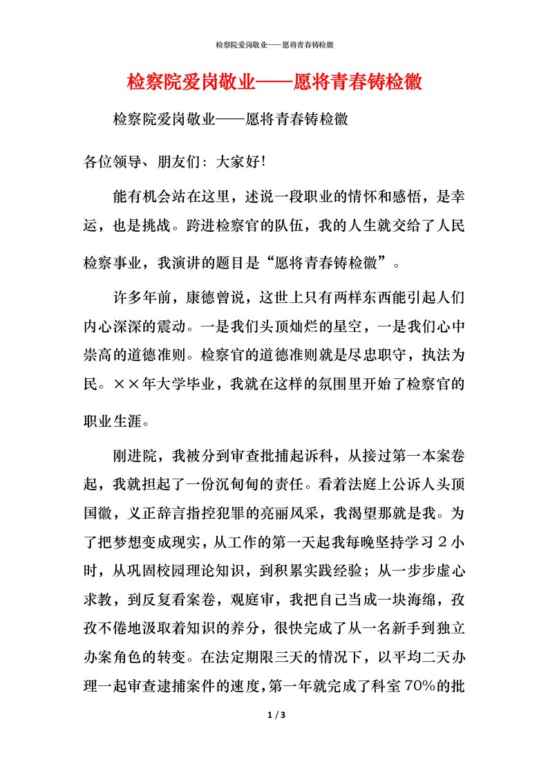 精编检察院爱岗敬业愿将青春铸检徽