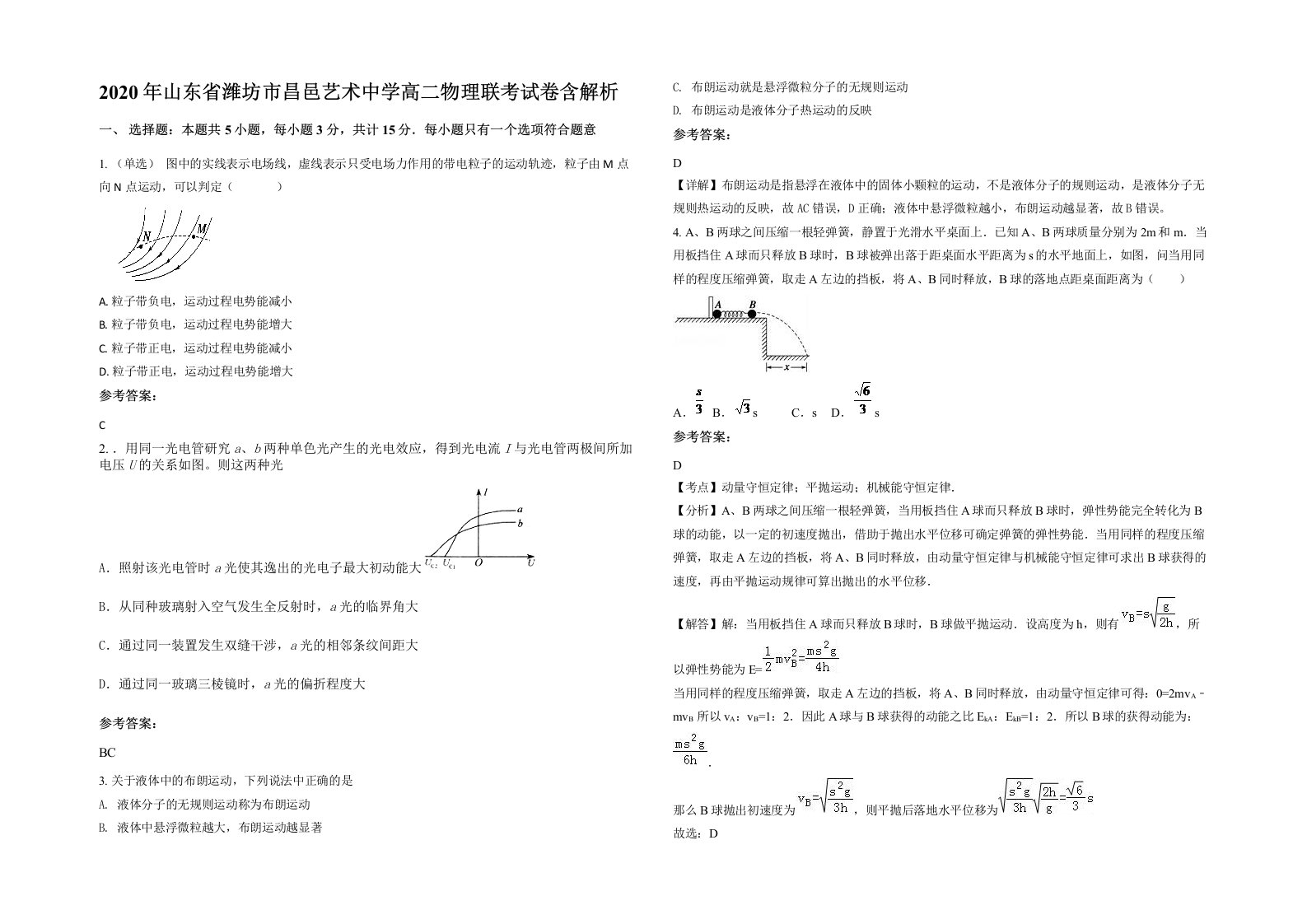 2020年山东省潍坊市昌邑艺术中学高二物理联考试卷含解析