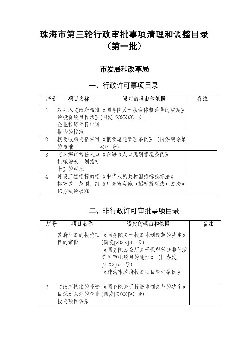 行政总务-珠海市第三轮行政审批事项清理和调整目录第一批