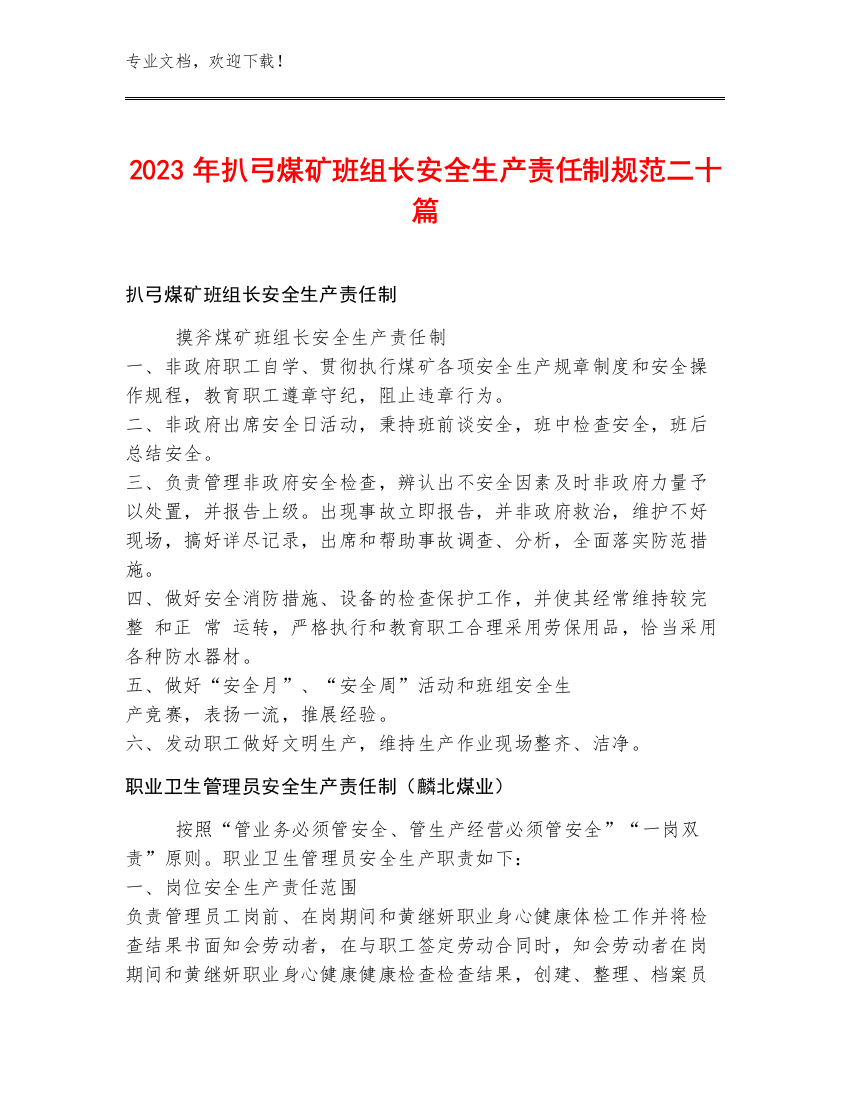 2023年扒弓煤矿班组长安全生产责任制规范二十篇