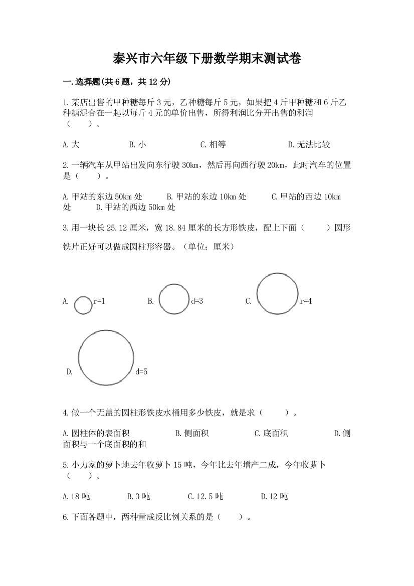 泰兴市六年级下册数学期末测试卷（典优）