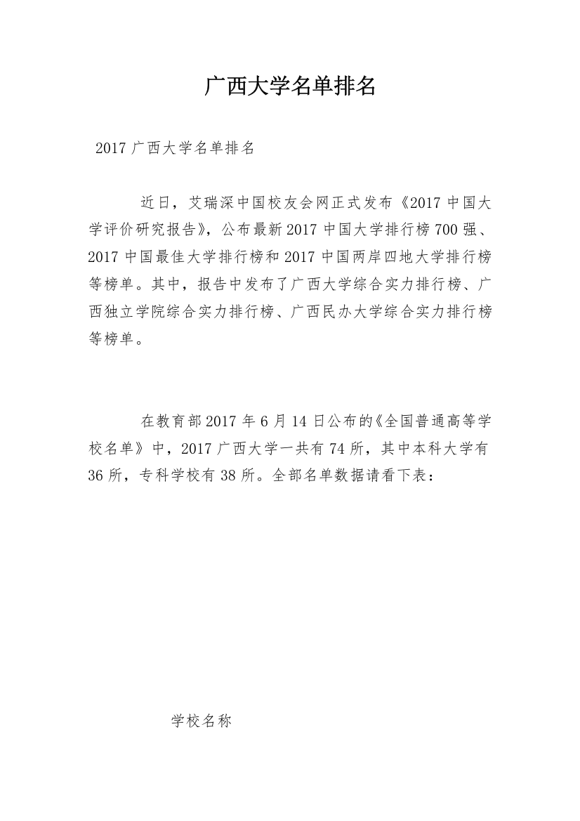 广西大学名单排名