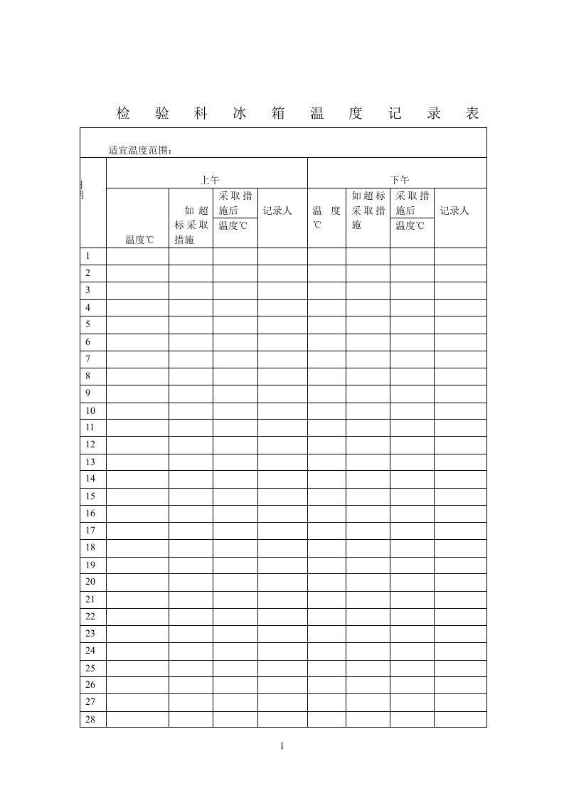 检验科冰箱温度记录表