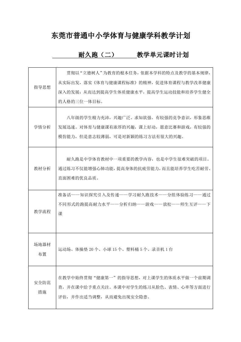 中学耐久跑公开课教案