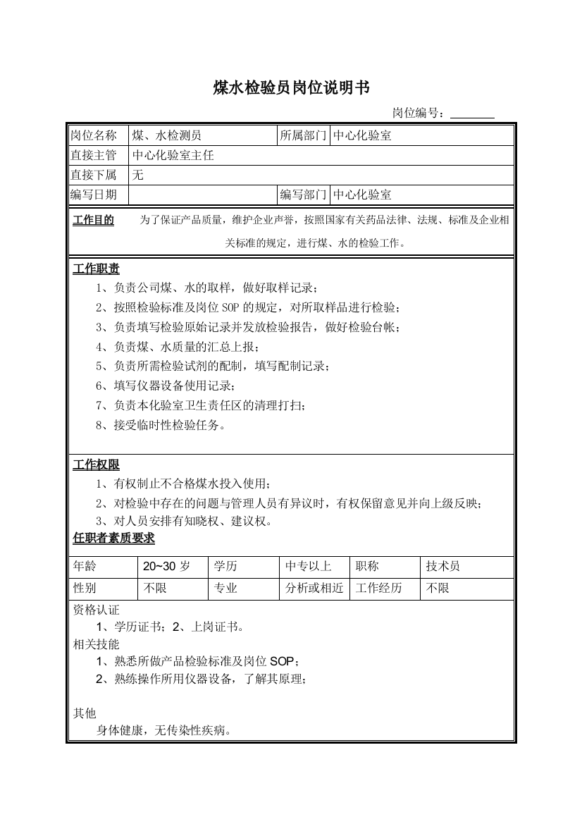 XX煤焦化工公司煤水检验员职责