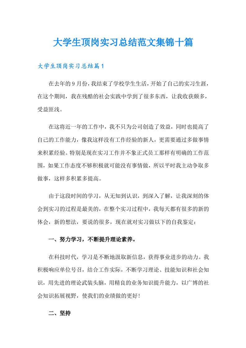 大学生顶岗实习总结范文集锦十篇