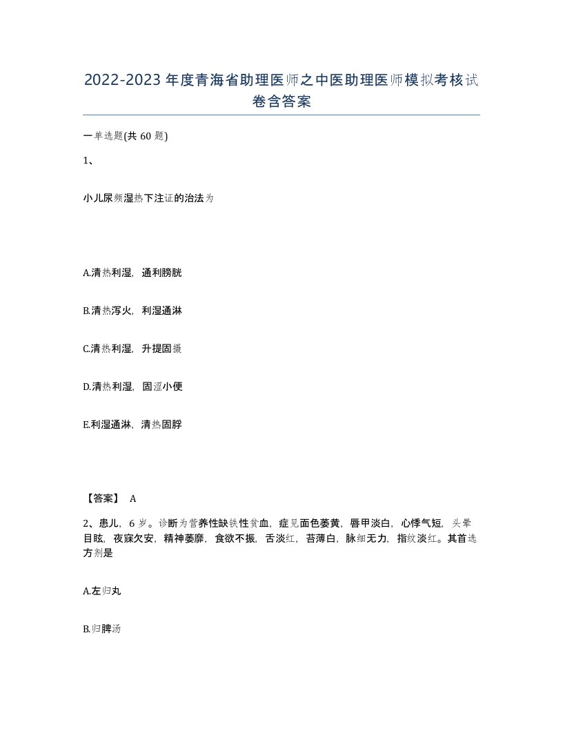 2022-2023年度青海省助理医师之中医助理医师模拟考核试卷含答案