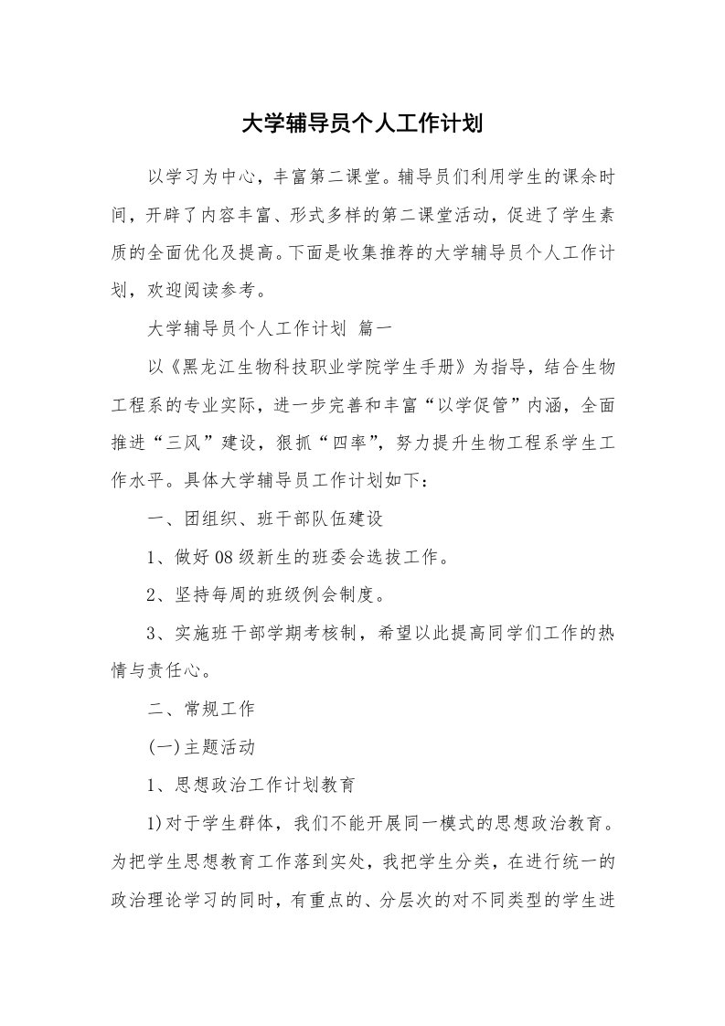 大学辅导员个人工作计划