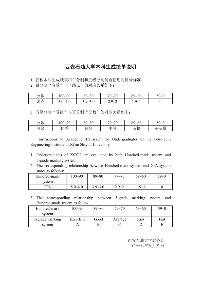 西安石油大学本科生成绩单说明