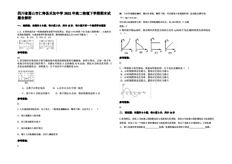 四川省眉山市仁寿县禾加中学2021年高二物理下学期期末试题带解析