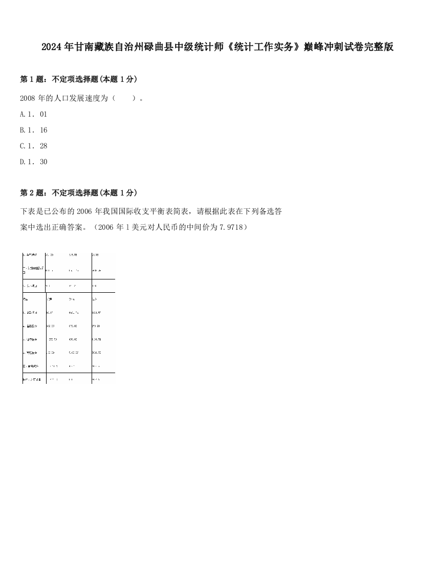 2024年甘南藏族自治州碌曲县中级统计师《统计工作实务》巅峰冲刺试卷完整版