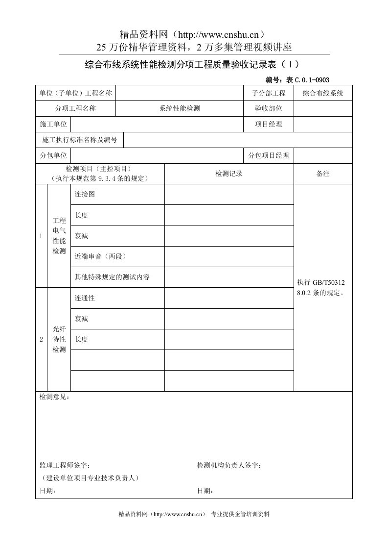 综合布线系统性能检测分项工程质量验收记录表（Ⅰ）