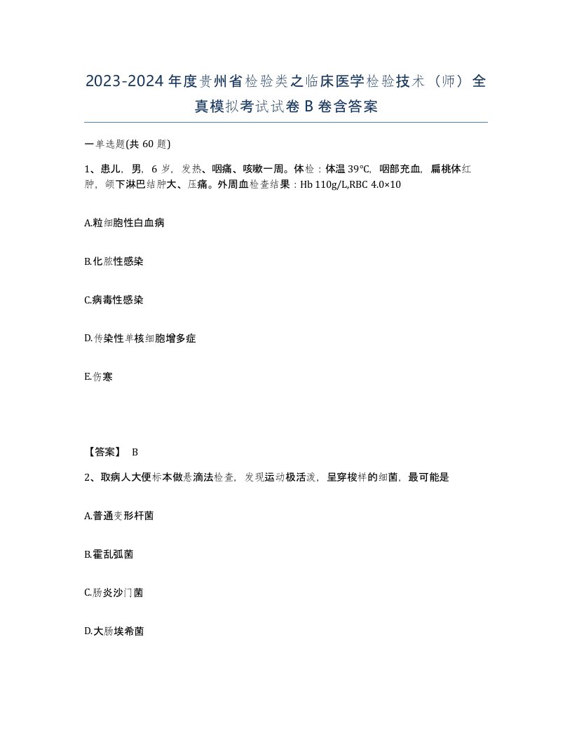 2023-2024年度贵州省检验类之临床医学检验技术师全真模拟考试试卷B卷含答案