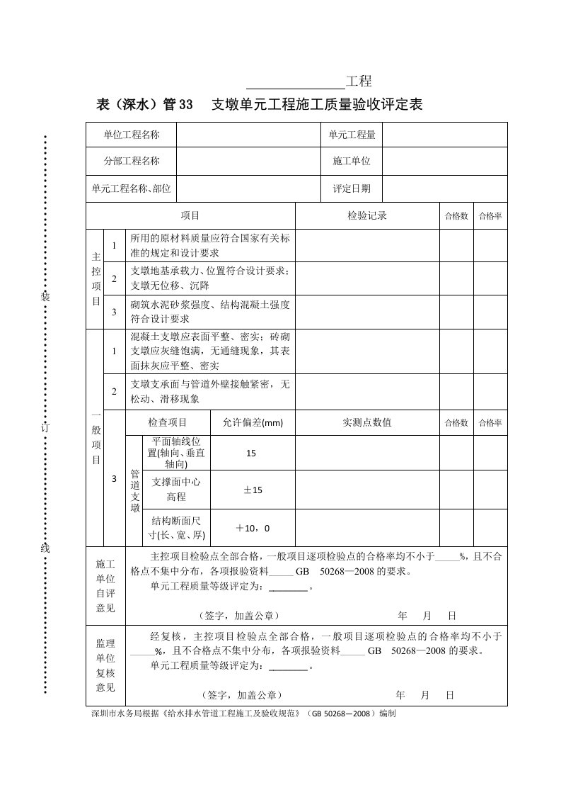 建筑资料-表深水管33支墩单元工程施工质量验收评定表