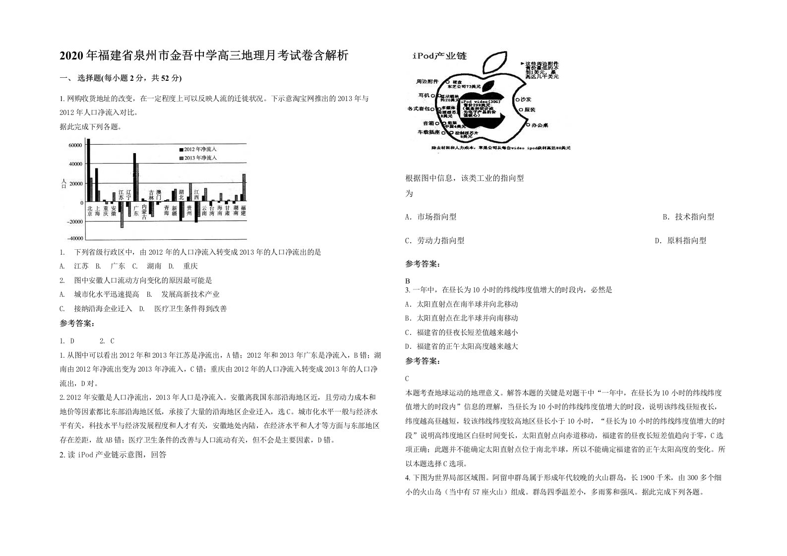 2020年福建省泉州市金吾中学高三地理月考试卷含解析