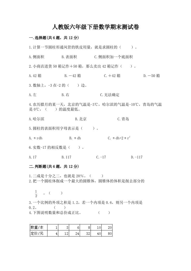 人教版六年级下册数学期末测试卷及答案（各地真题）